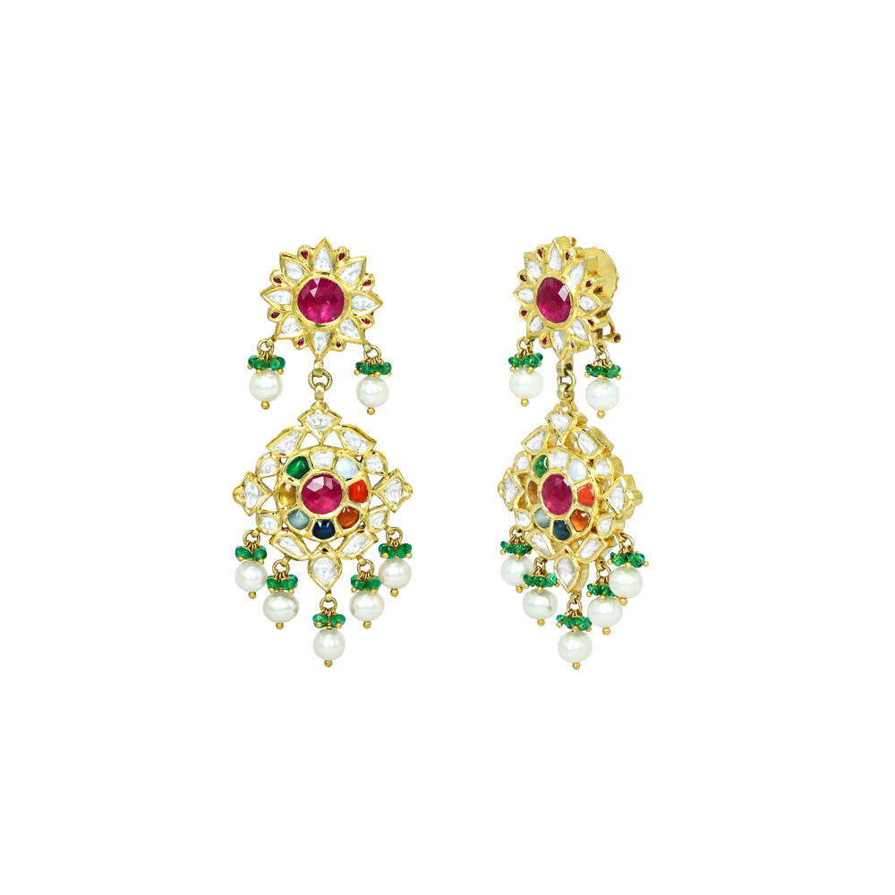 Navaratan Earrings with Polki Diamonds, Pearls, and Emerald Beads